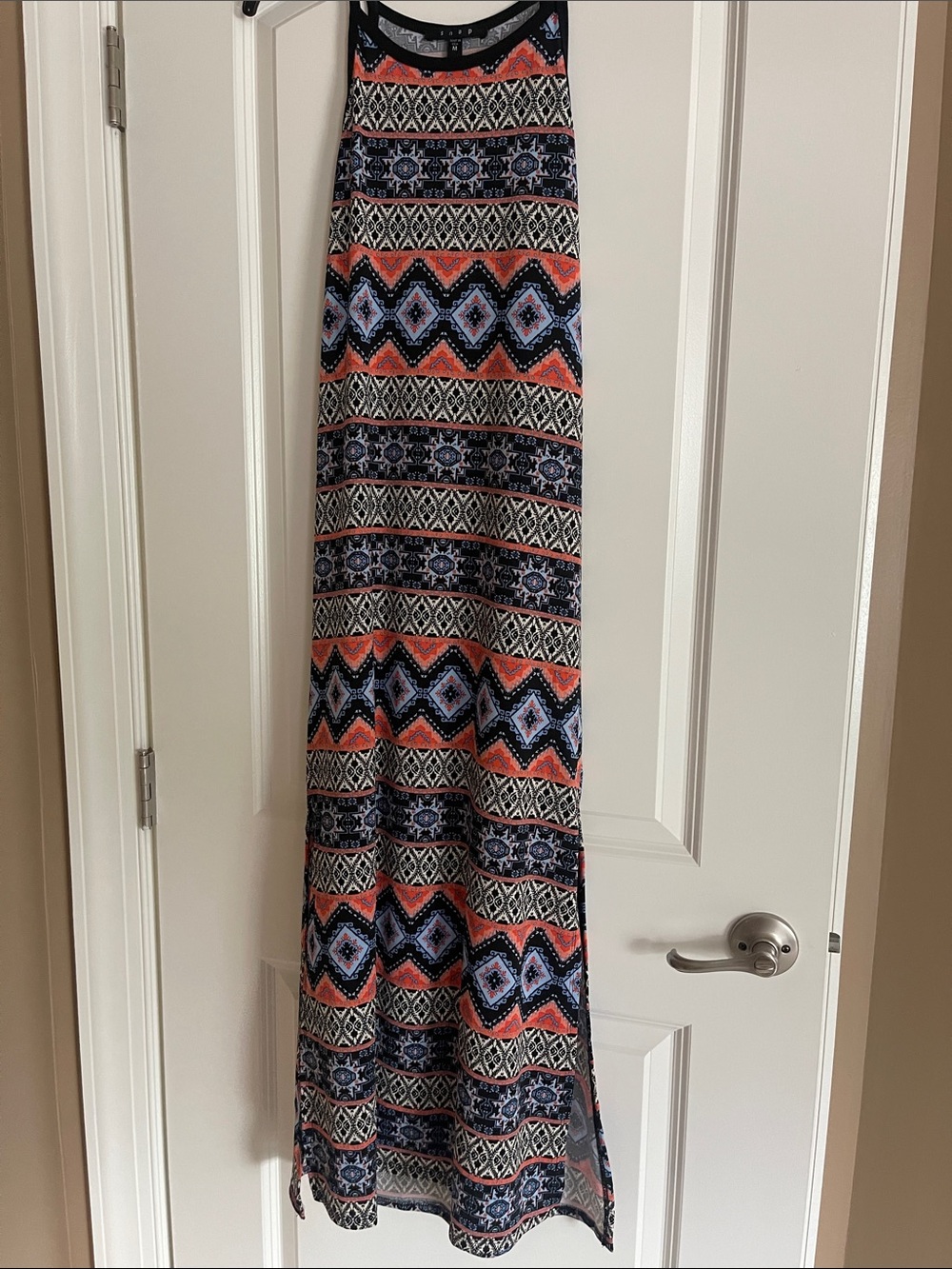 Snap Coral, Navy & Light Blue Tribal Maxi Skirt